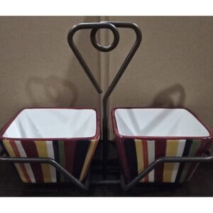 Pampered Chef Simple Additions Striped 4in Bowls Set/2 Wrought Iron Caddy‎